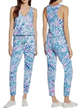 Lilly Pulitzer Rayon Jumpsuit Paulina Breakwater Party Wave Print Racer Back